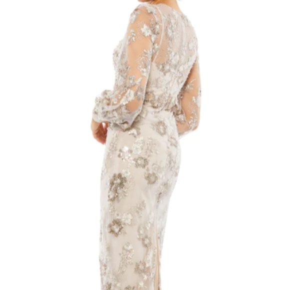 MAC DUGGAL 70237 EMBELLISHED HIGH NECK ILLUSIONS LONG SLEEVE MOCHA MIDI DRESS 8 - Picture 2 of 5